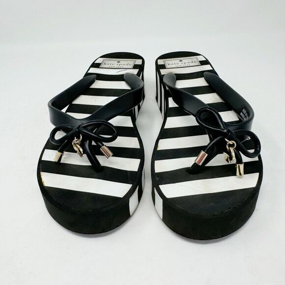 KATE SPADE | Rhett Striped Black/White Wedge Flip Flops Sandals Women’s Size 7 - Picture 4 of 15